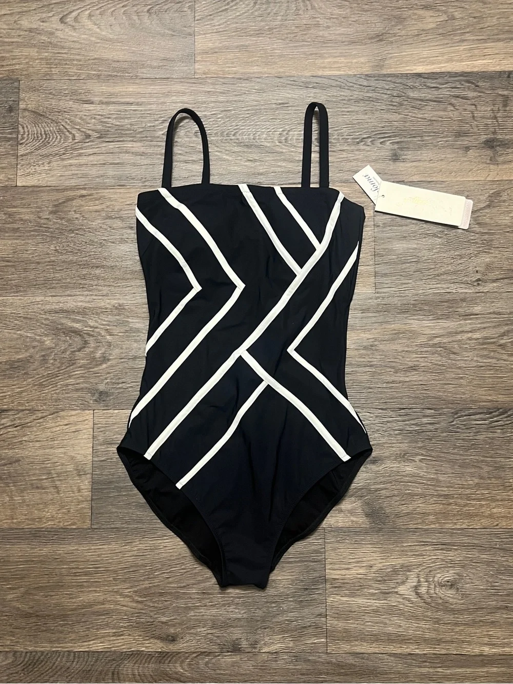 NEW Gottex Mirage Bandeau One-Piece Swimsuit Size 10 Black White Strapless NWT